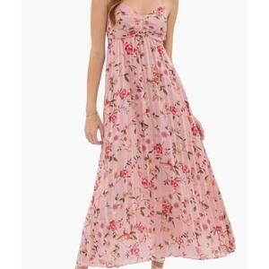 By the River Bird & Floral Print Pleated Midi Maxi Dress Pink Size S Sleeveless